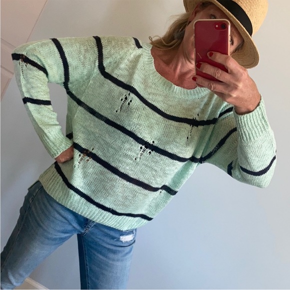 Mint Green & Navy Stripe Distressed Sweater - Picture 8 of 8